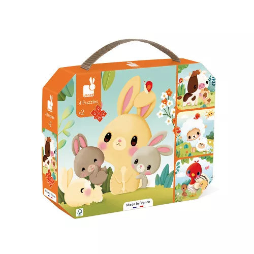 Orange and teal JANOD metal tin packaging for 4-piece farm animal puzzles ages 2+
