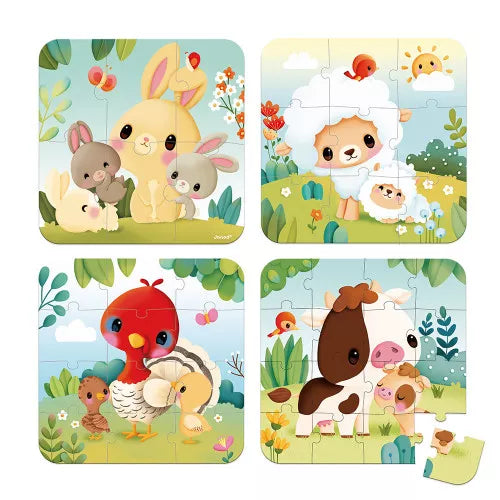 Completed 4-piece cardboard farm animal puzzles for toddlers showing rabbit sheep rooster and calf