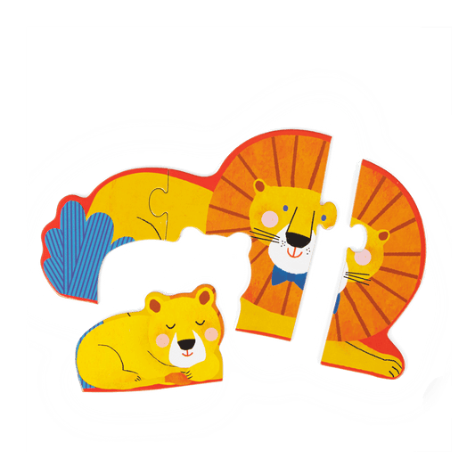 Moulin Roty wooden lion puzzle with cub for toddlers