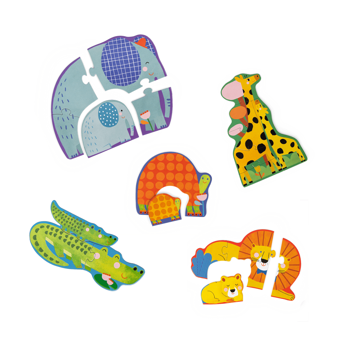 Set of five evolving animal wooden puzzles ages 2-4