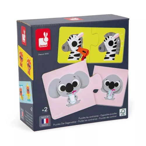 Janod Les Contraires box front showing koala and zebra opposite puzzles plus pieces