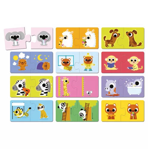 Grid of 12 assembled Janod two-piece puzzles contrasting animal behaviors on white
