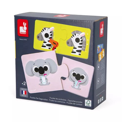 Angled view of Janod Les Contraires puzzle box side panel and front with koala pieces