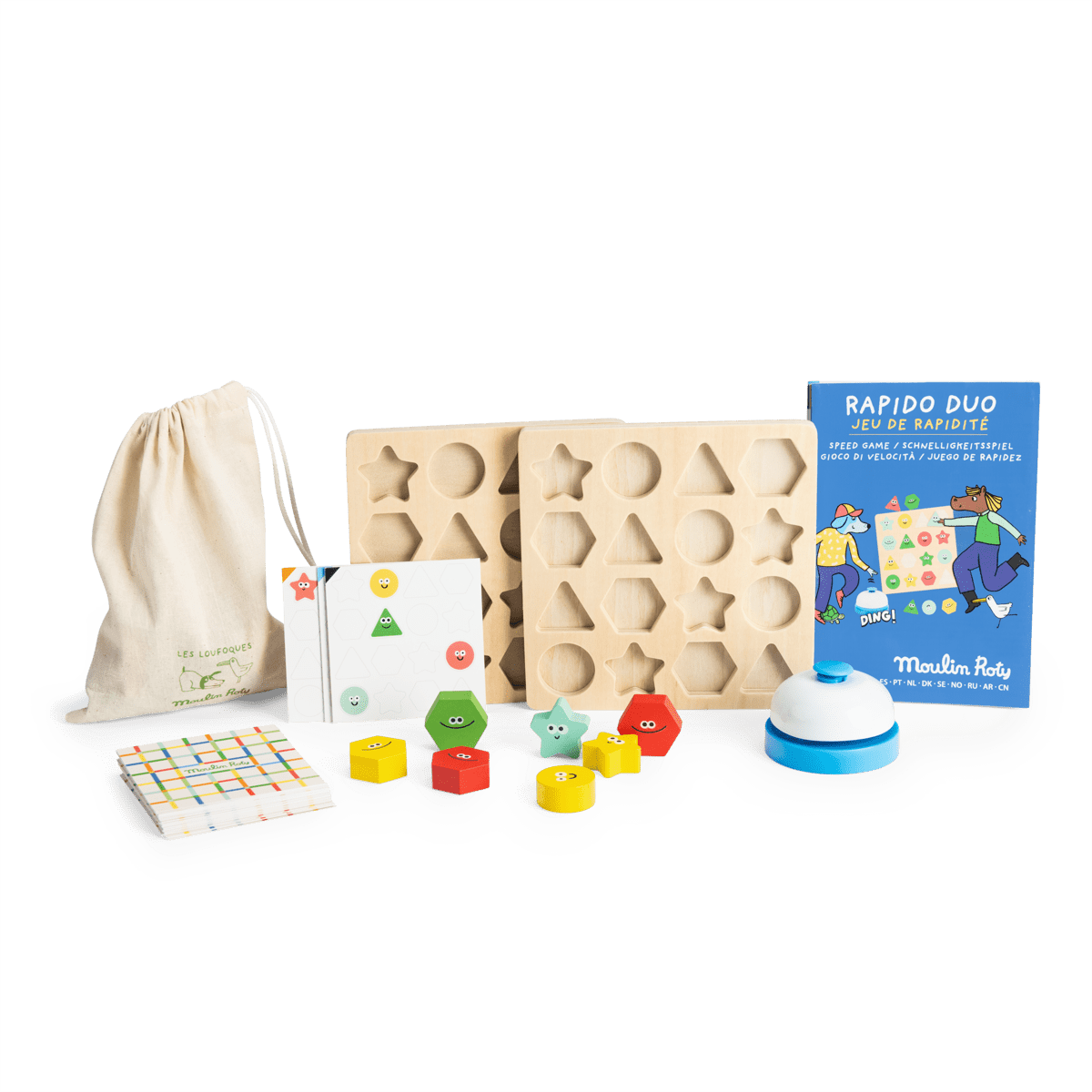 Rapido duo Les Loufoques wooden speed game set with boards, pieces, and bell