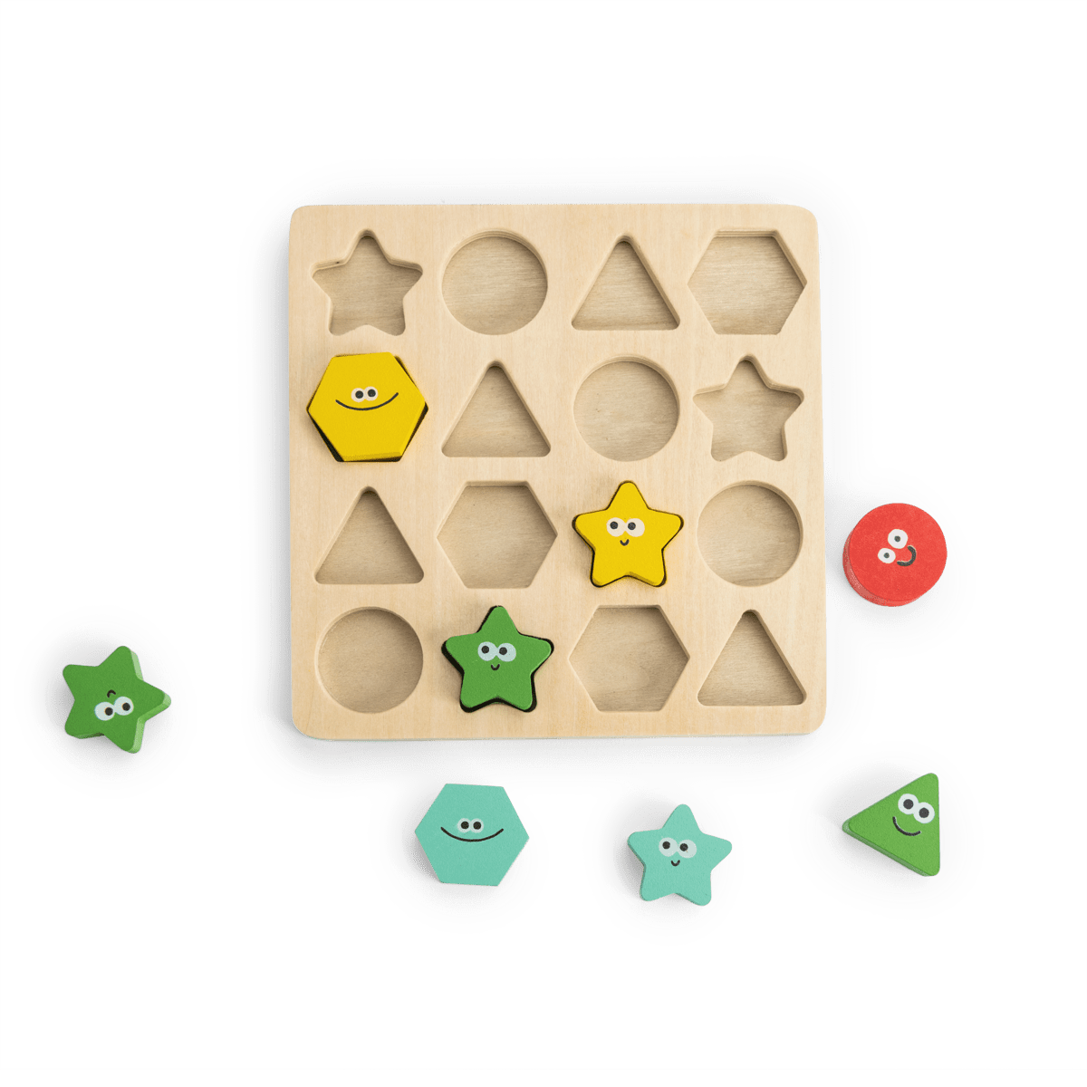 Wooden game board with cutouts for colorful geometric shape pieces