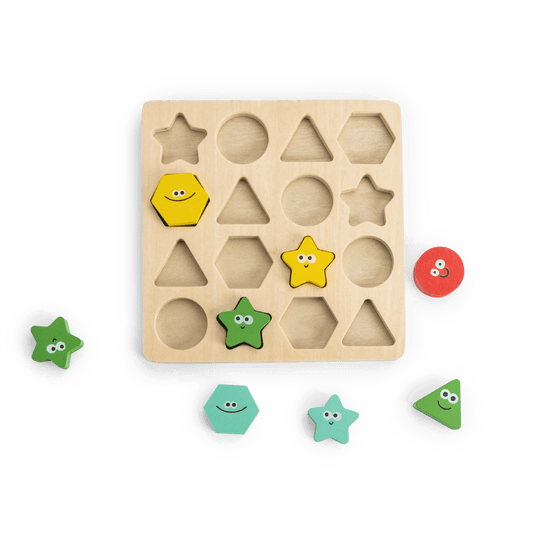 Wooden game board with cutouts for colorful geometric shape pieces