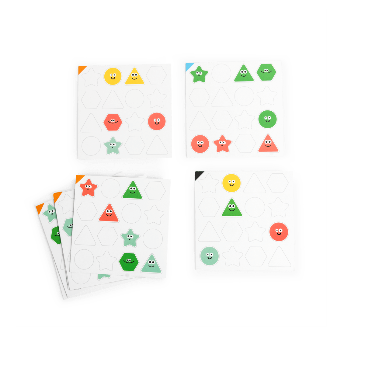 Challenge cards with colored wooden shapes demonstrating gameplay levels