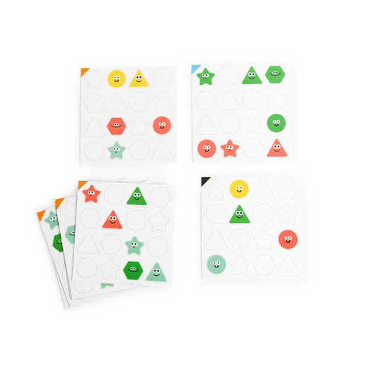 Challenge cards with colored wooden shapes demonstrating gameplay levels