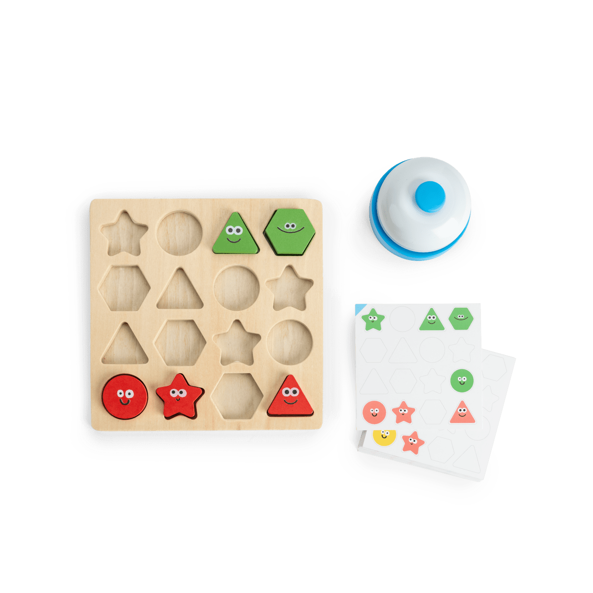 Game board with inserted shapes and challenge cards for matching patterns