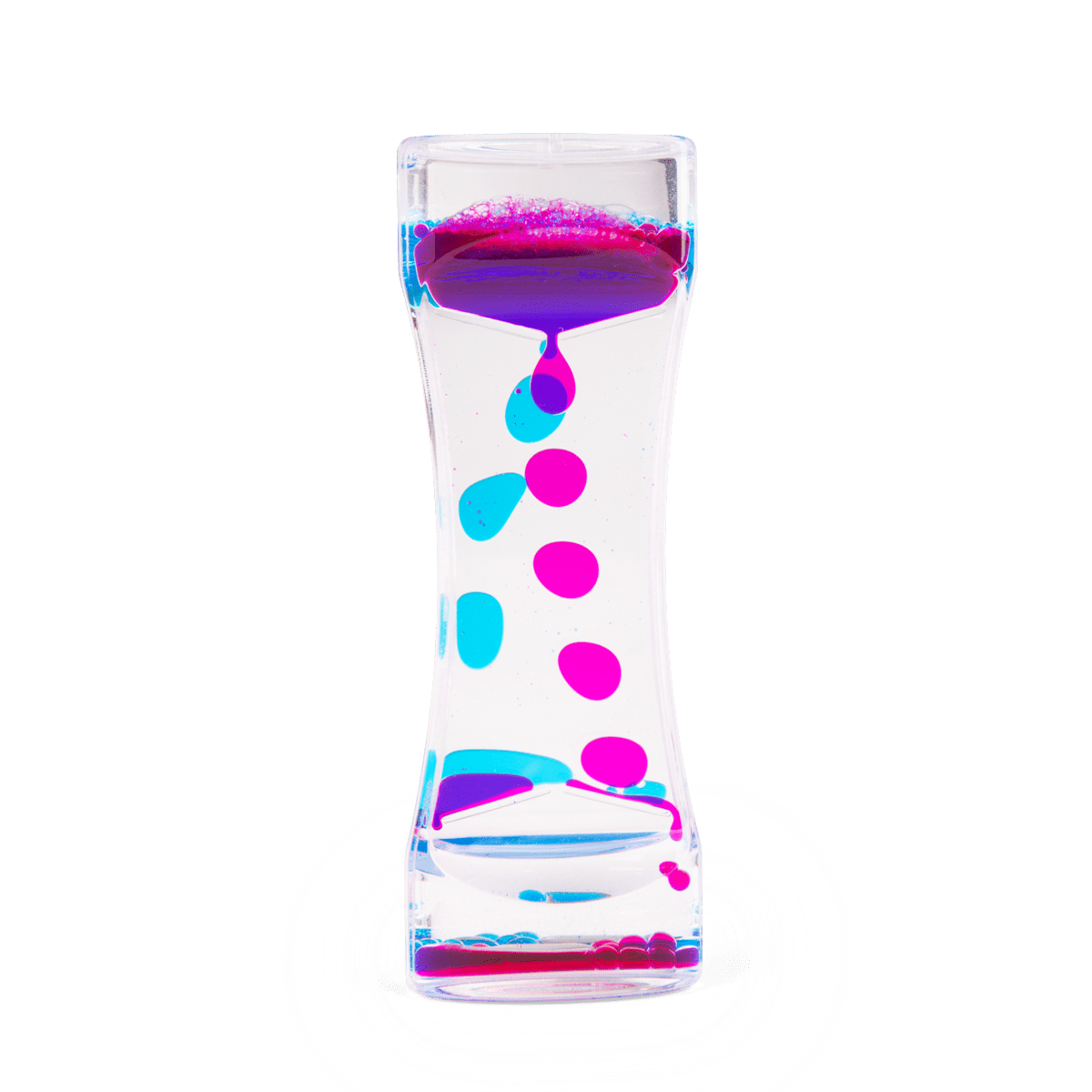 Pink and blue liquid hourglass toy with floating beads for calming focus
