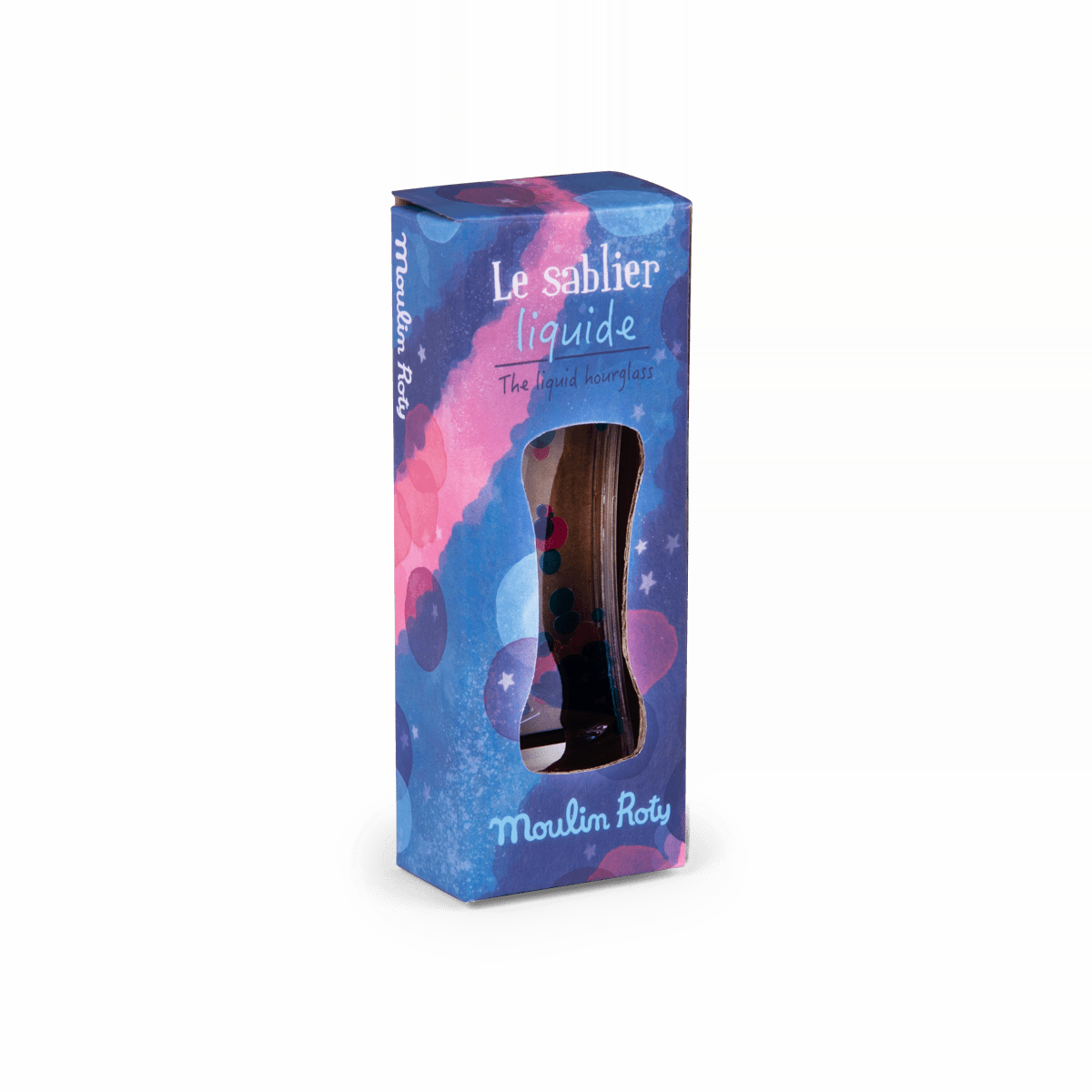 Moulin Roty Les Petites Merveilles liquid hourglass packaging front with die-cut window