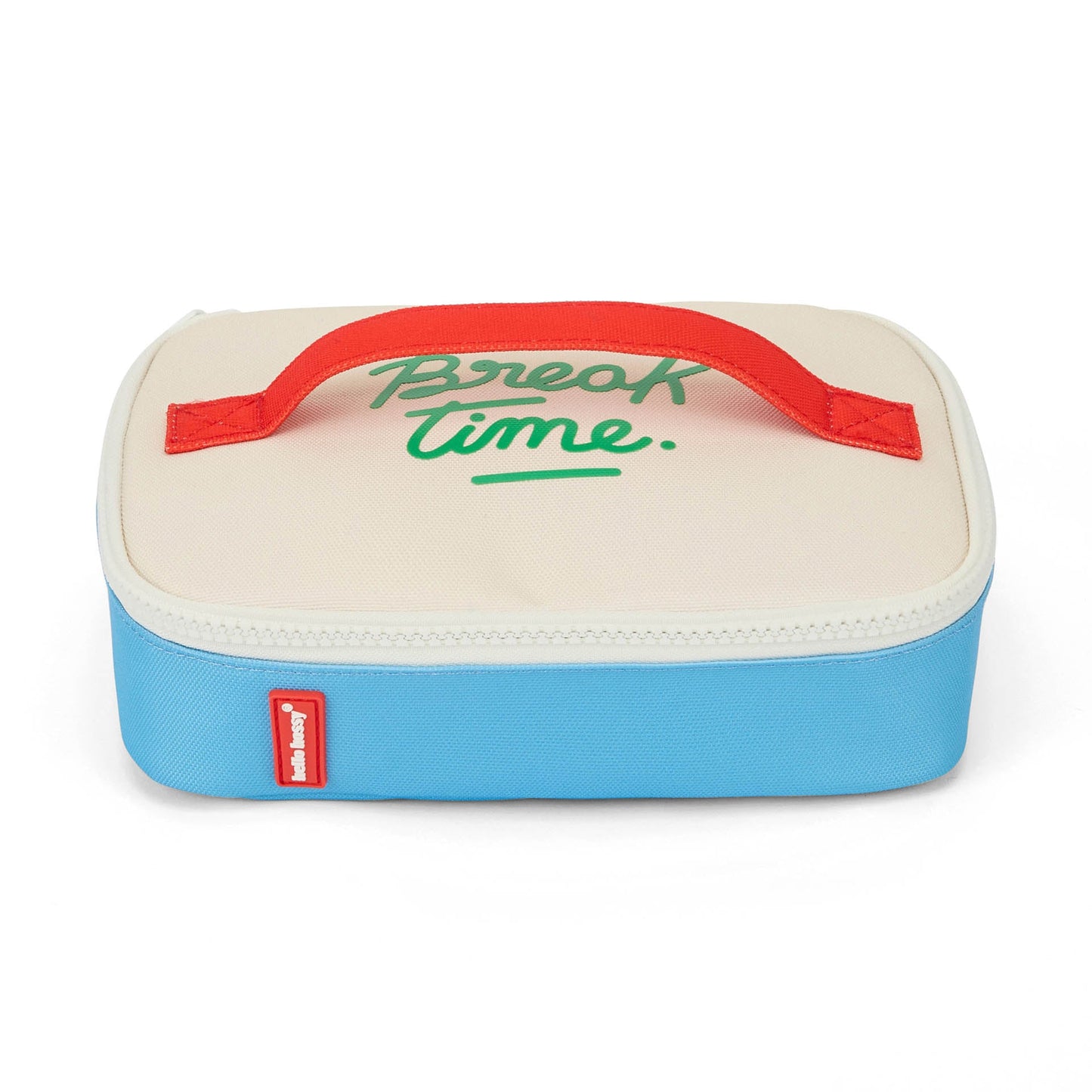 Front view of closed blue and cream insulated lunch bag