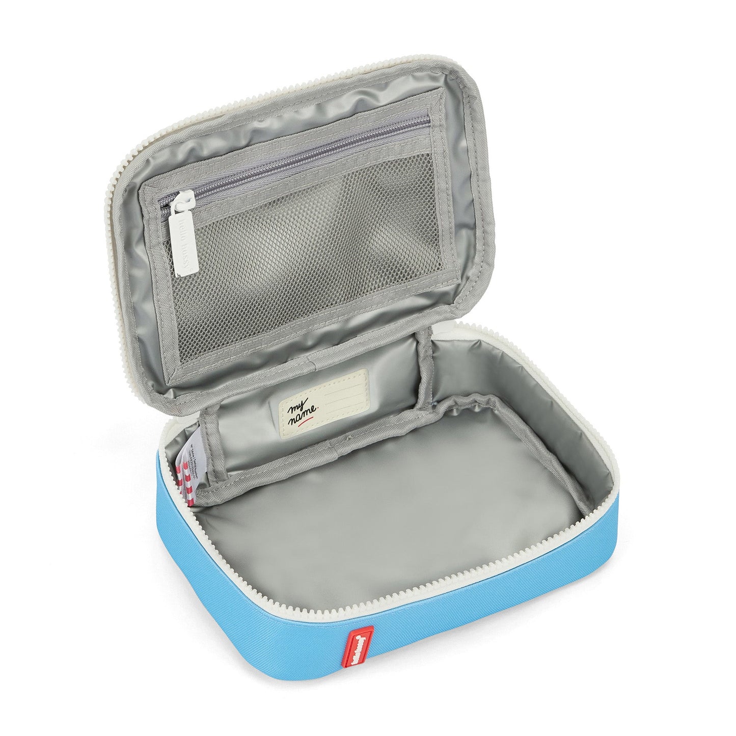 Blue and cream insulated lunch bag interior with mesh pocket
