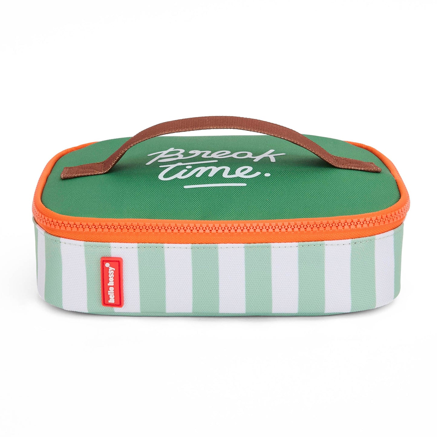 Hello Hossy green striped insulated lunch bag with 'Break time' text