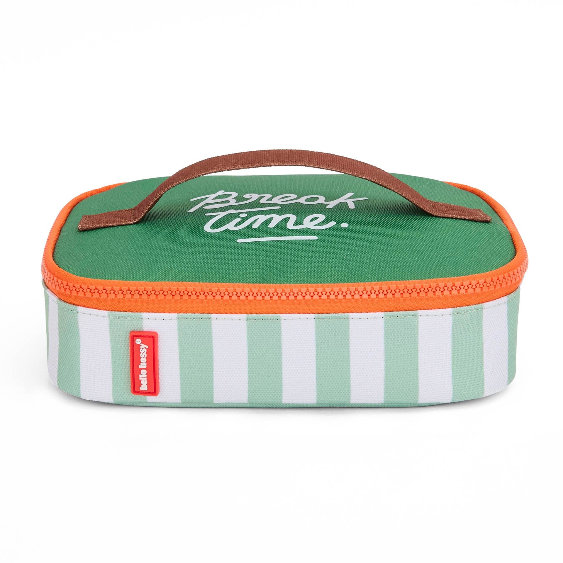 Hello Hossy green striped insulated lunch bag with 'Break time' text