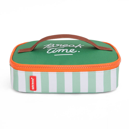 Hello Hossy green striped insulated lunch bag with 'Break time' text