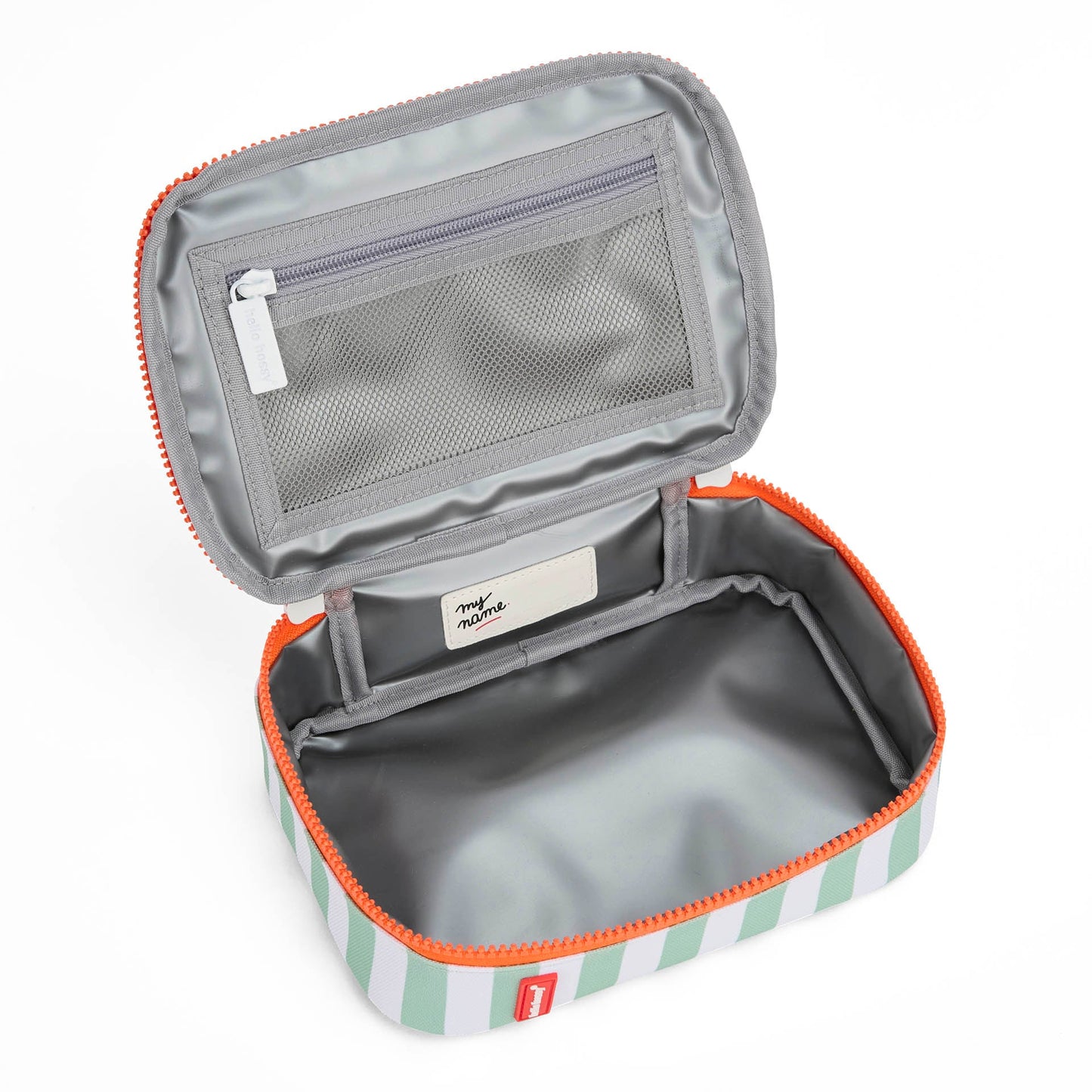 Open green striped insulated lunch bag showing gray interior mesh pocket