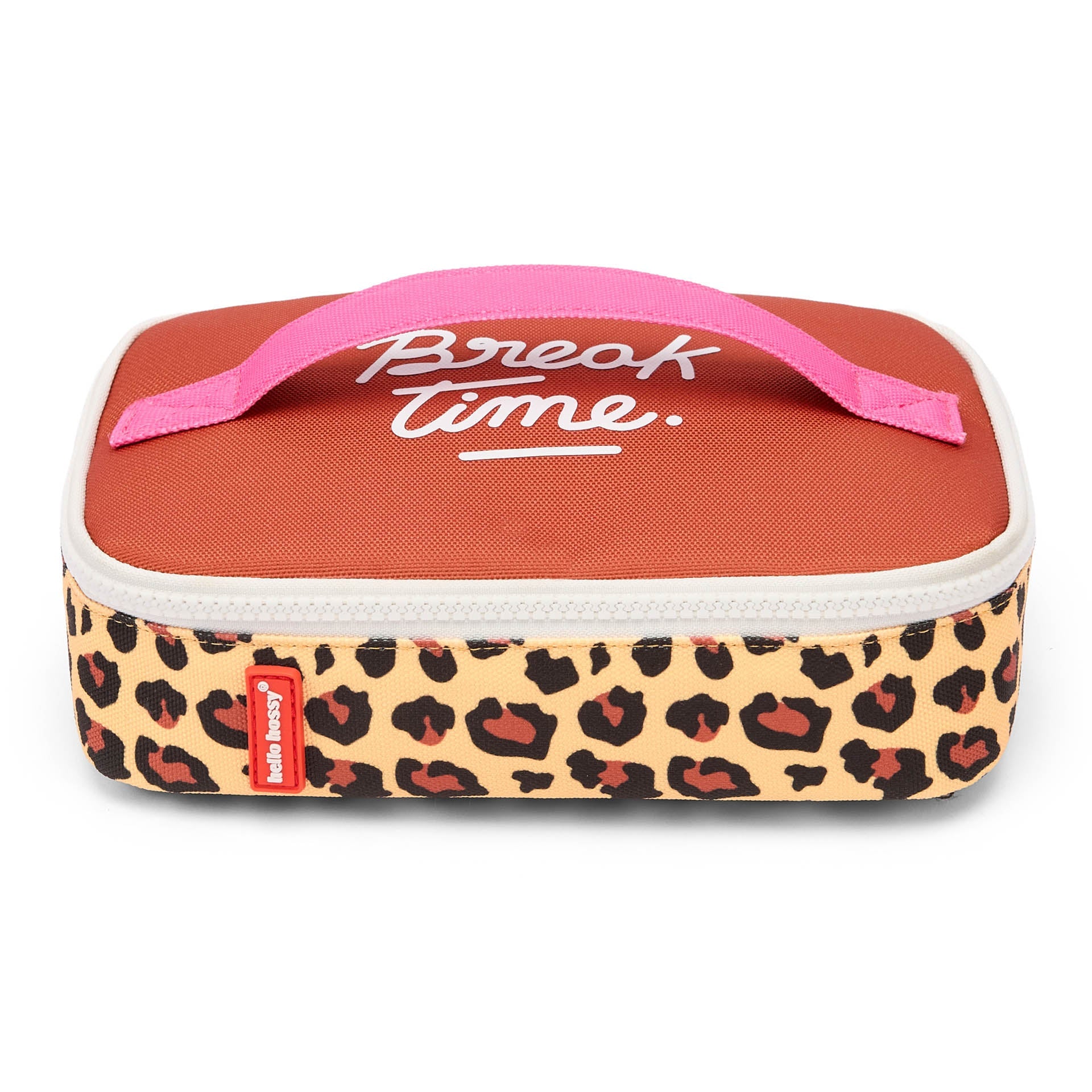 Closed terracotta and leopard print lunch bag with pink handle and Break time text