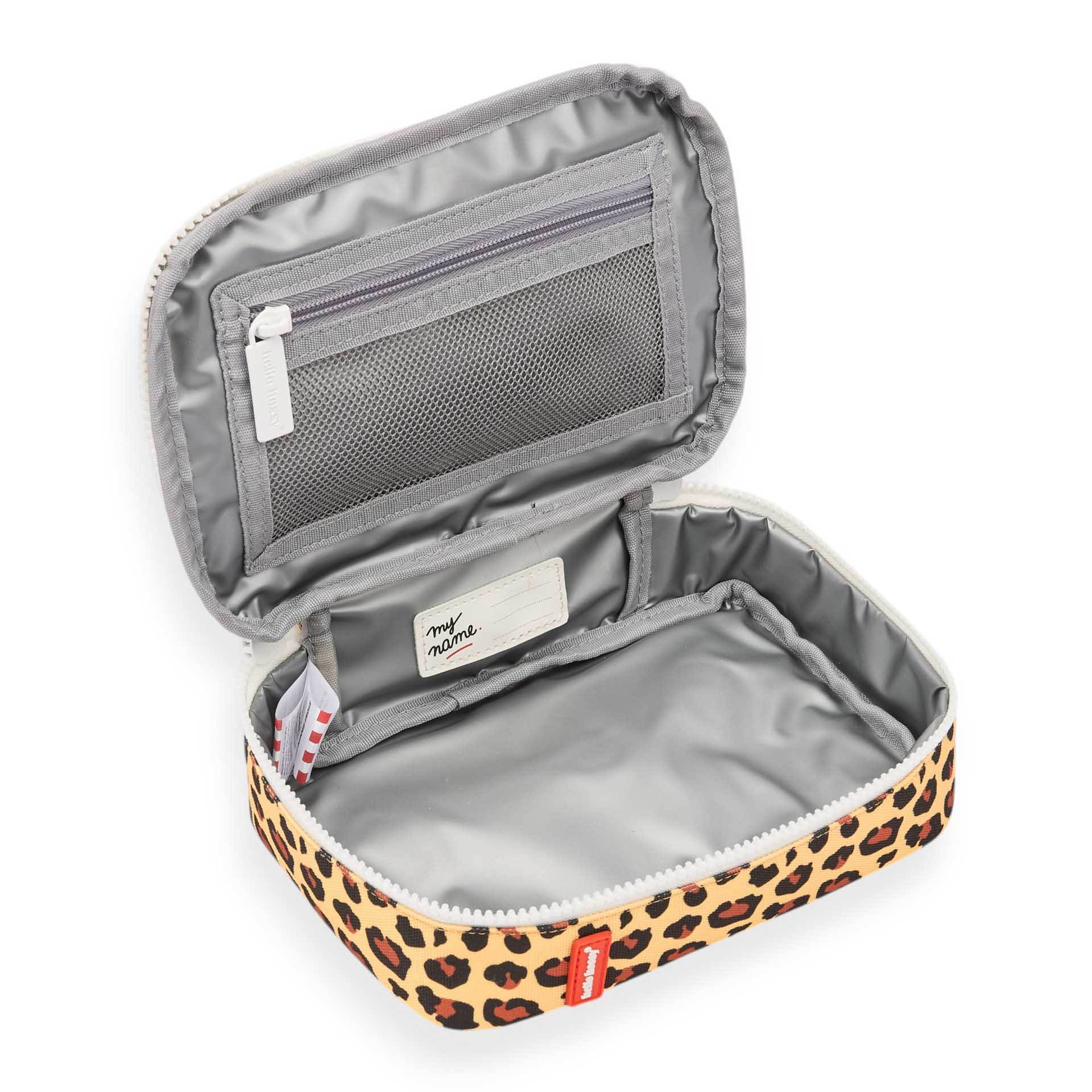 Open leopard print insulated lunch bag with silver interior and white zipper