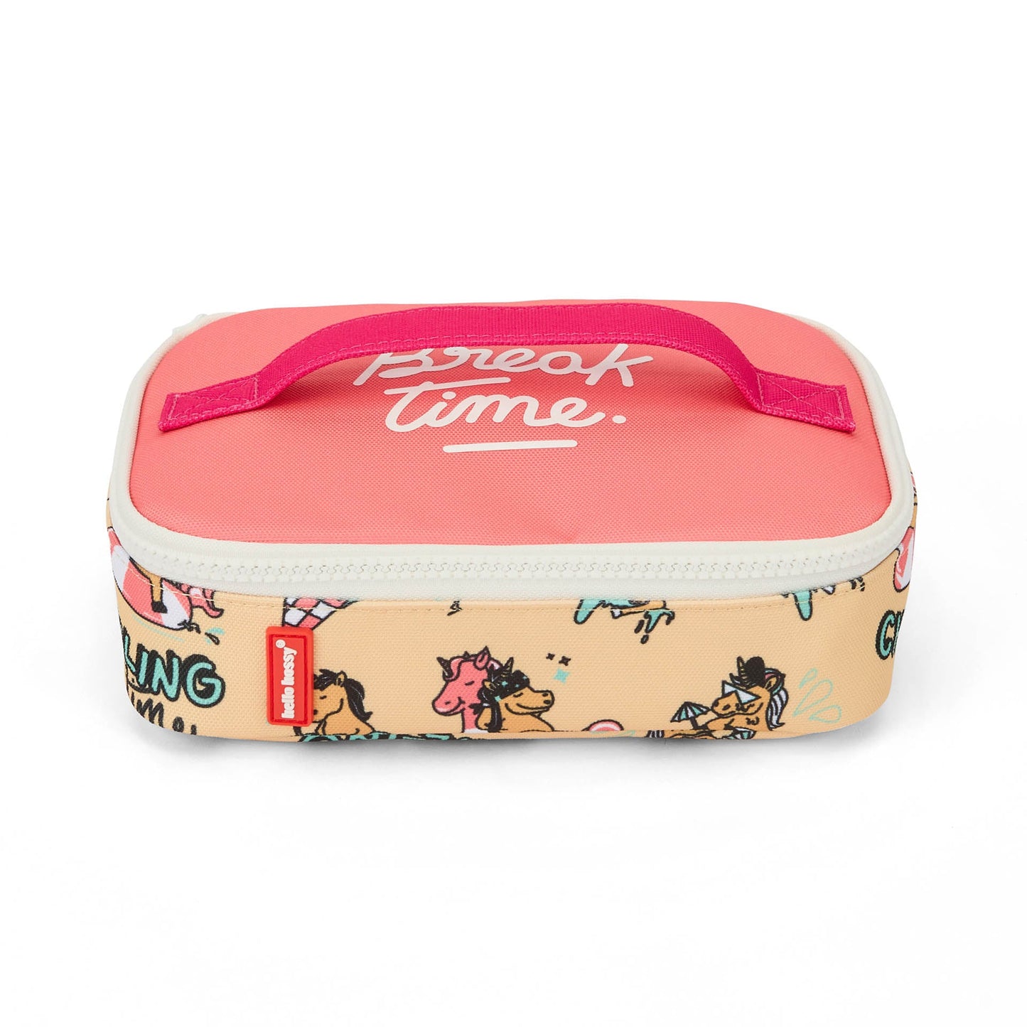 Pink unicorn insulated lunch bag with peach flap and Hello Hossy tag for kids