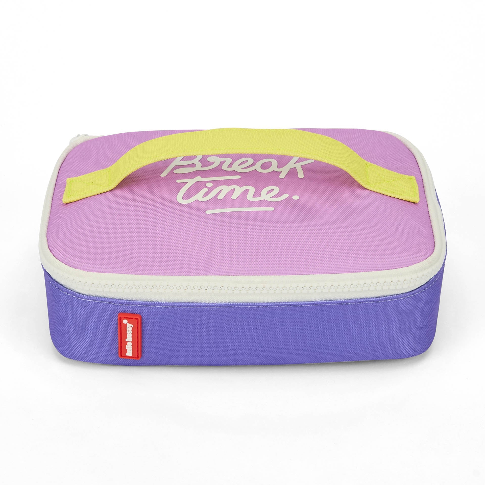 Closed purple blue insulated lunch bag with Break time cursive text