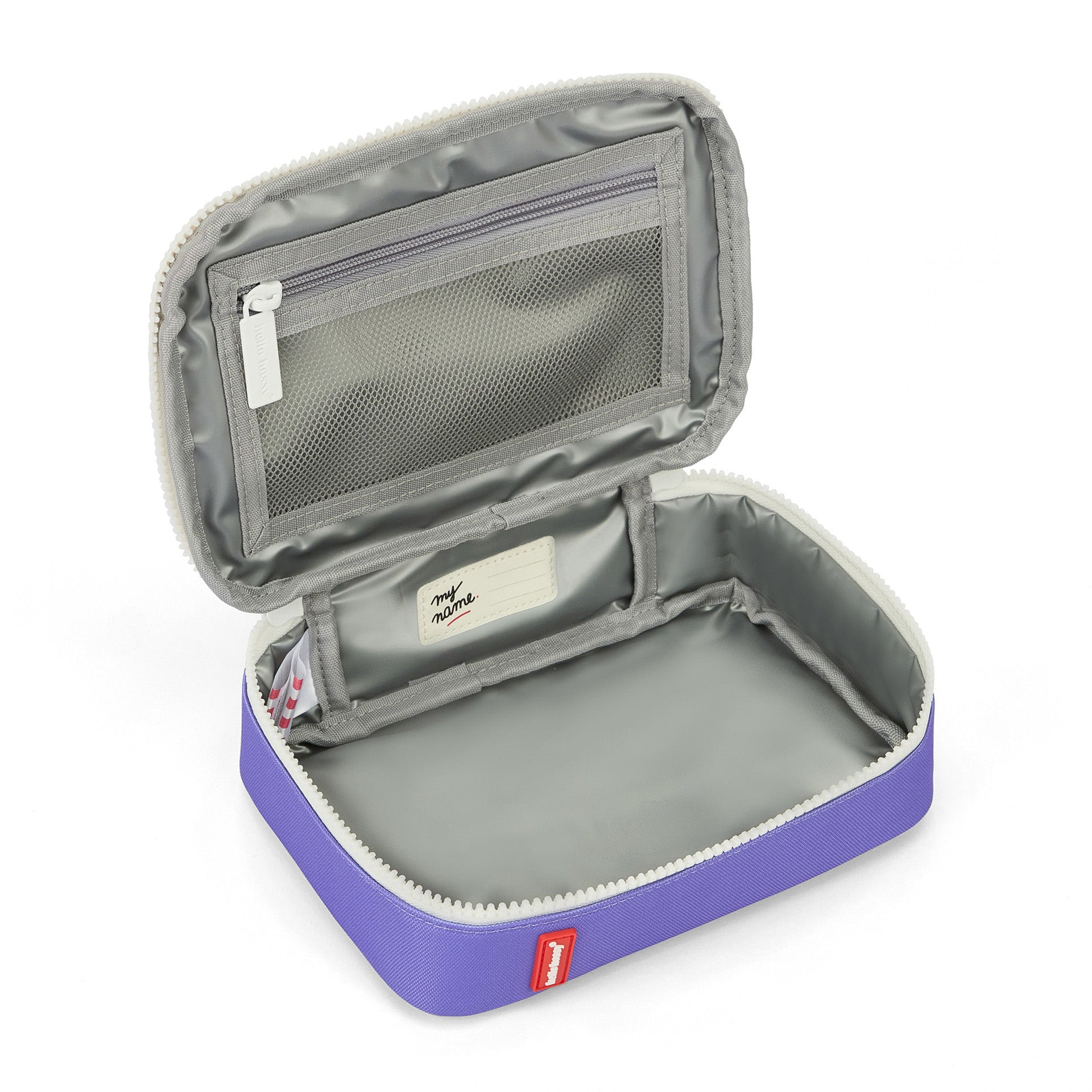 Lavender insulated lunch bag with mesh pocket and white zipper trim