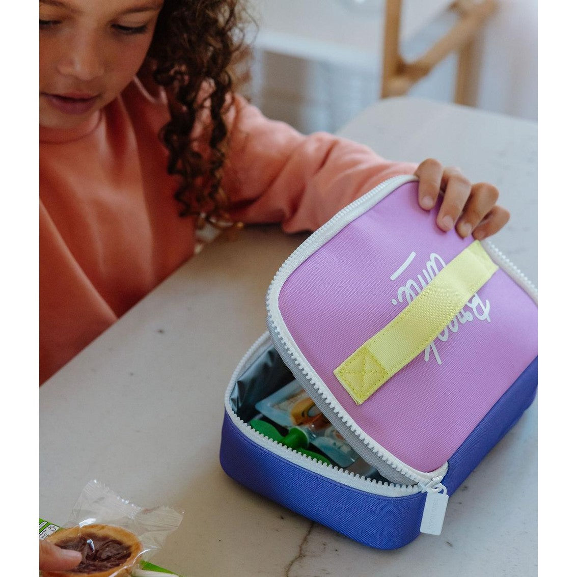 Two-tone purple blue kids lunch bag with Break time text and yellow strap