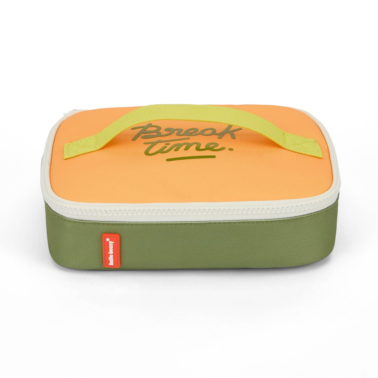 Olive green and orange 'Break time' insulated lunch bag front view