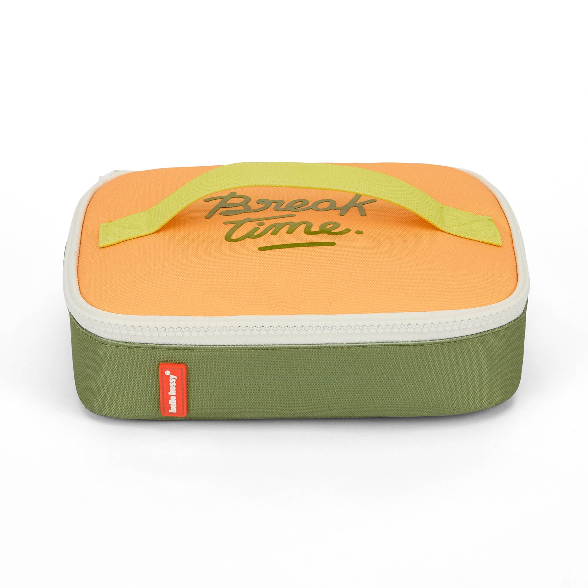 Olive green and orange 'Break time' insulated lunch bag front view