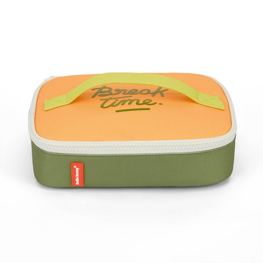 Olive green and orange 'Break time' insulated lunch bag front view
