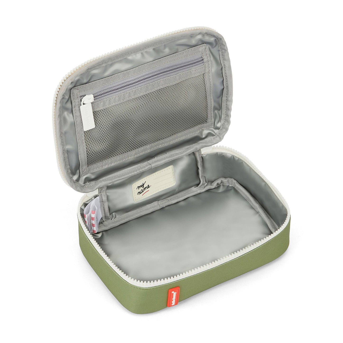 Insulated lunch bag interior with mesh pocket and name label
