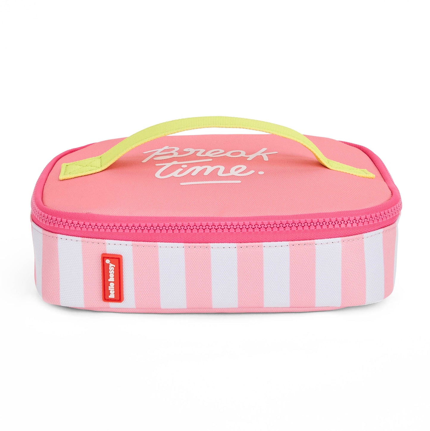 Pink and white striped insulated lunch bag with yellow handle