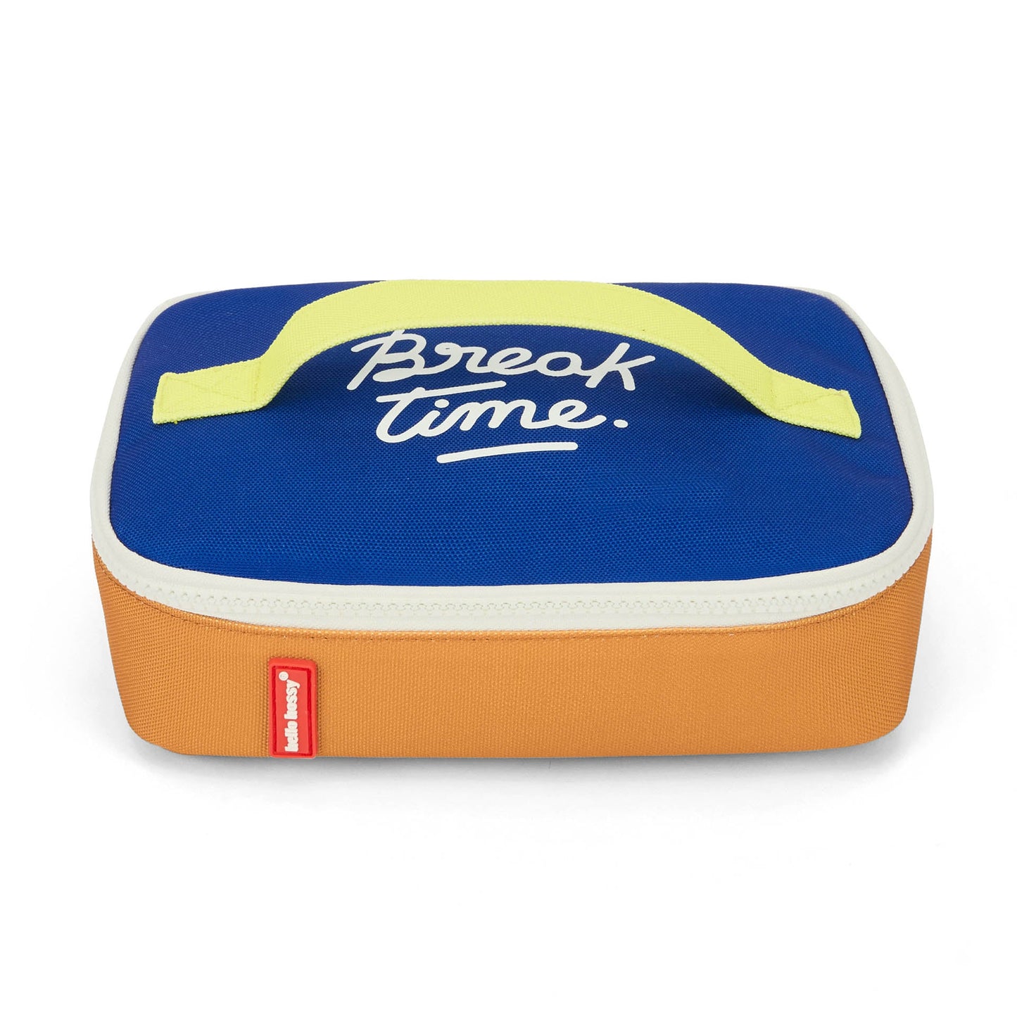 Blue and orange Hello Hossy insulated lunch bag with white zipper trim