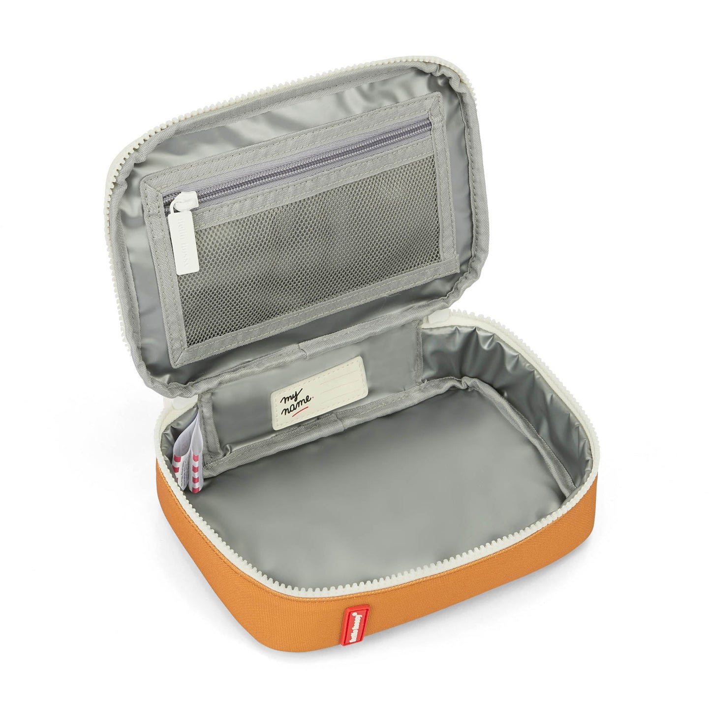 Open blue and orange insulated lunch bag with mesh pocket and name label