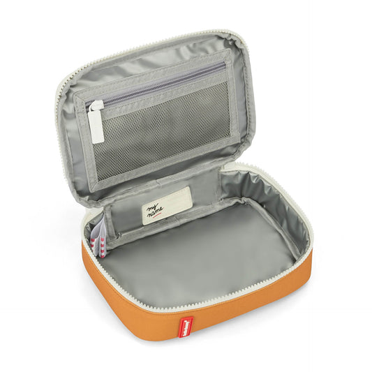 Open blue and orange insulated lunch bag with mesh pocket and name label