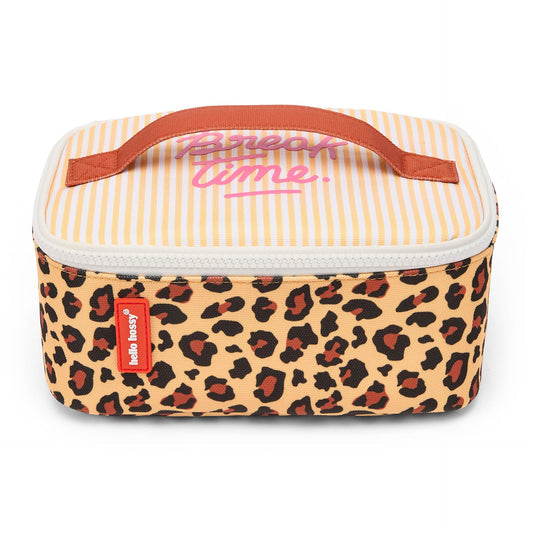 Hello Hossy insulated lunch bag for kids featuring leopard print design