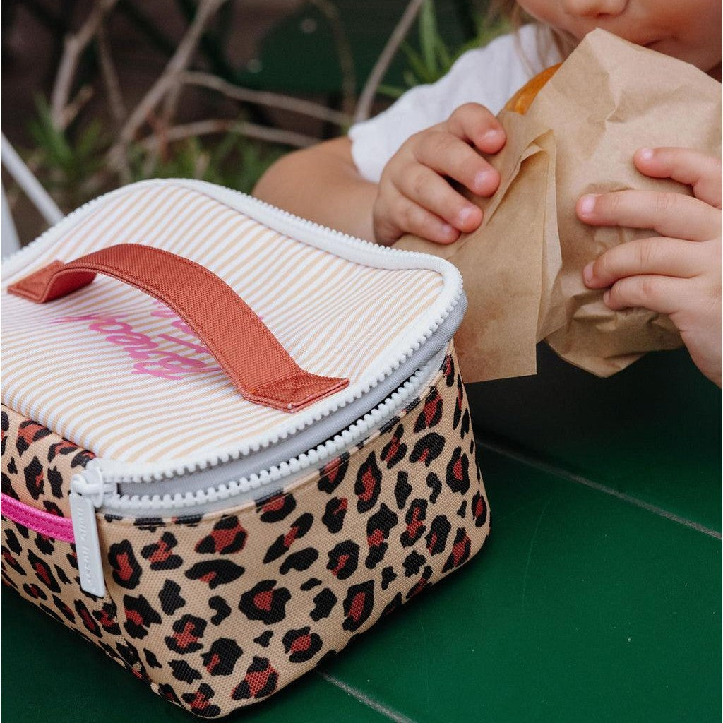 Leopard print kids lunch box with 'Break Time' text and rust handle