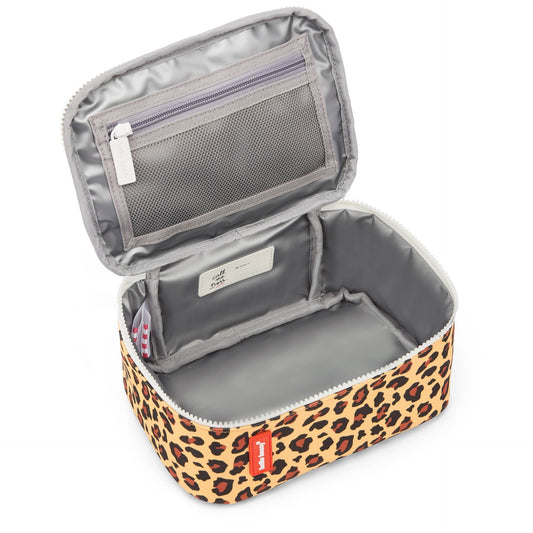 Open Hello Hossy kids lunch bag showing gray insulated lining and mesh pocket