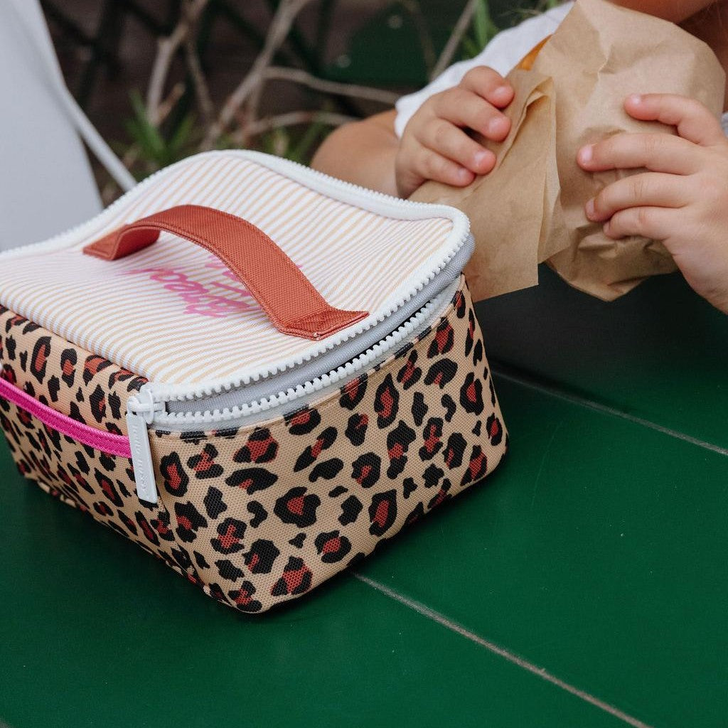 Child leopard print insulated lunch bag with striped lid and pink zipper