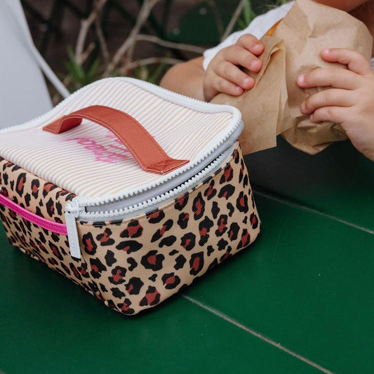 Child leopard print insulated lunch bag with striped lid and pink zipper