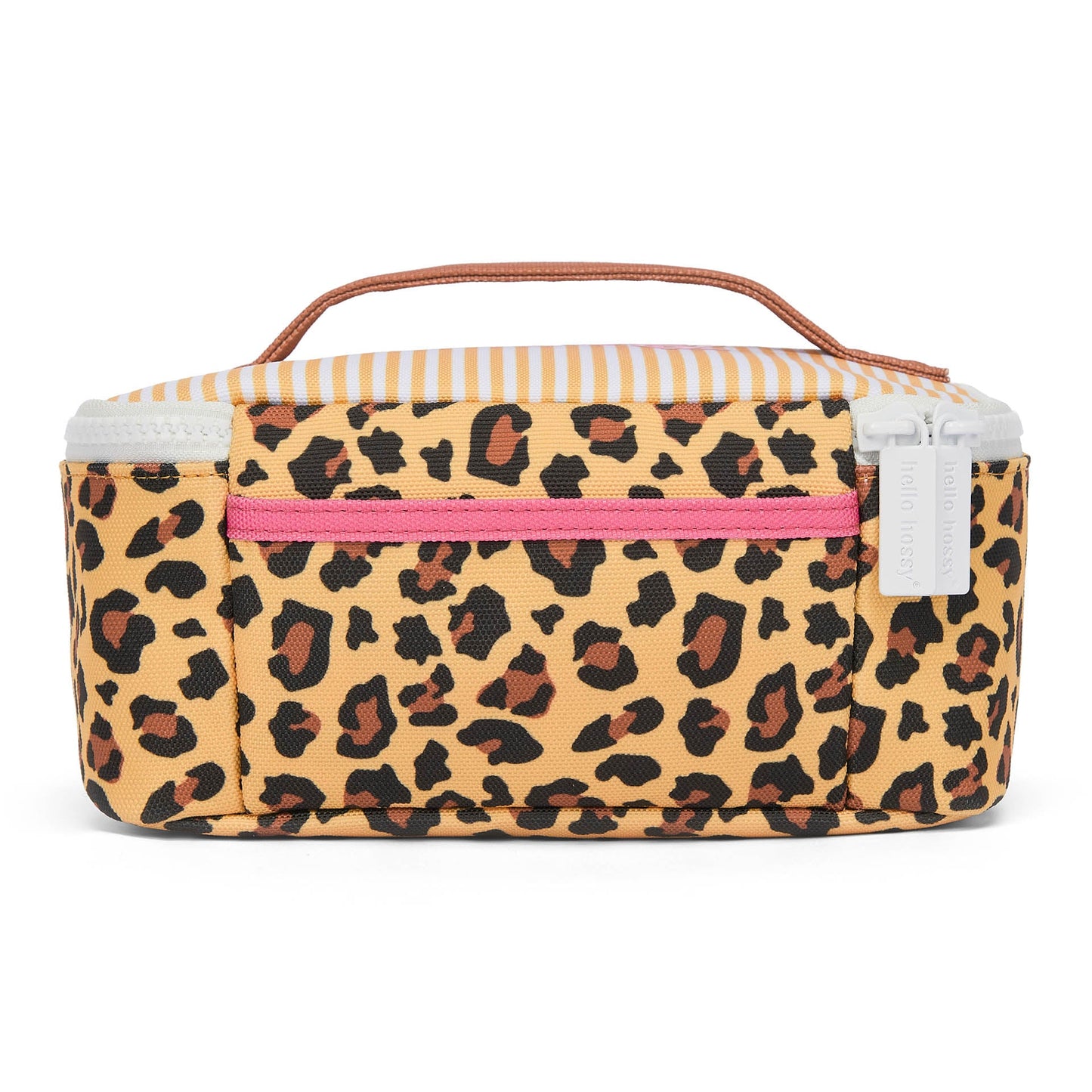 Upright insulated lunch bag for children with orange stripes and front zipper