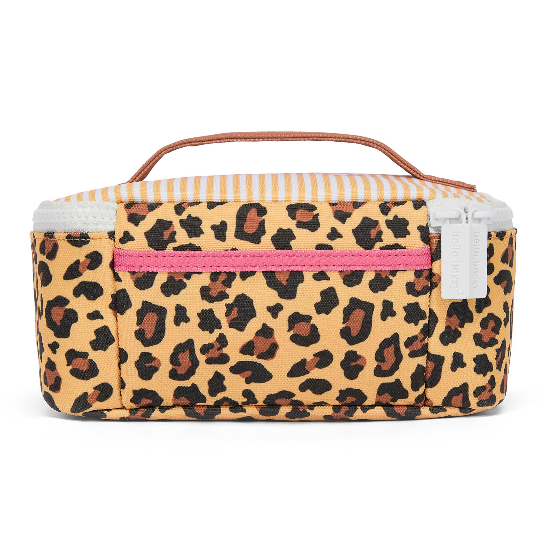 Upright insulated lunch bag for children with orange stripes and front zipper
