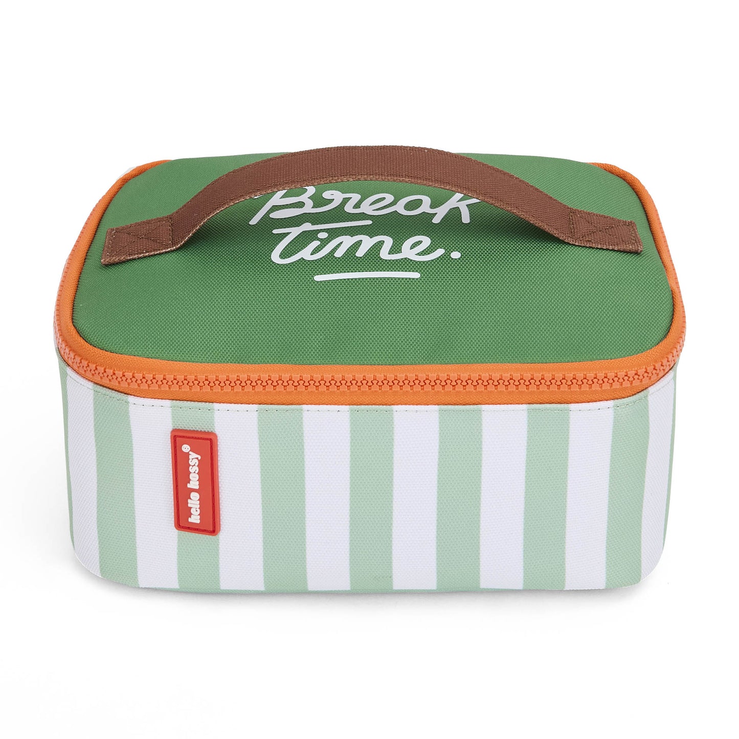 Green striped insulated lunch bag with orange zipper for kids