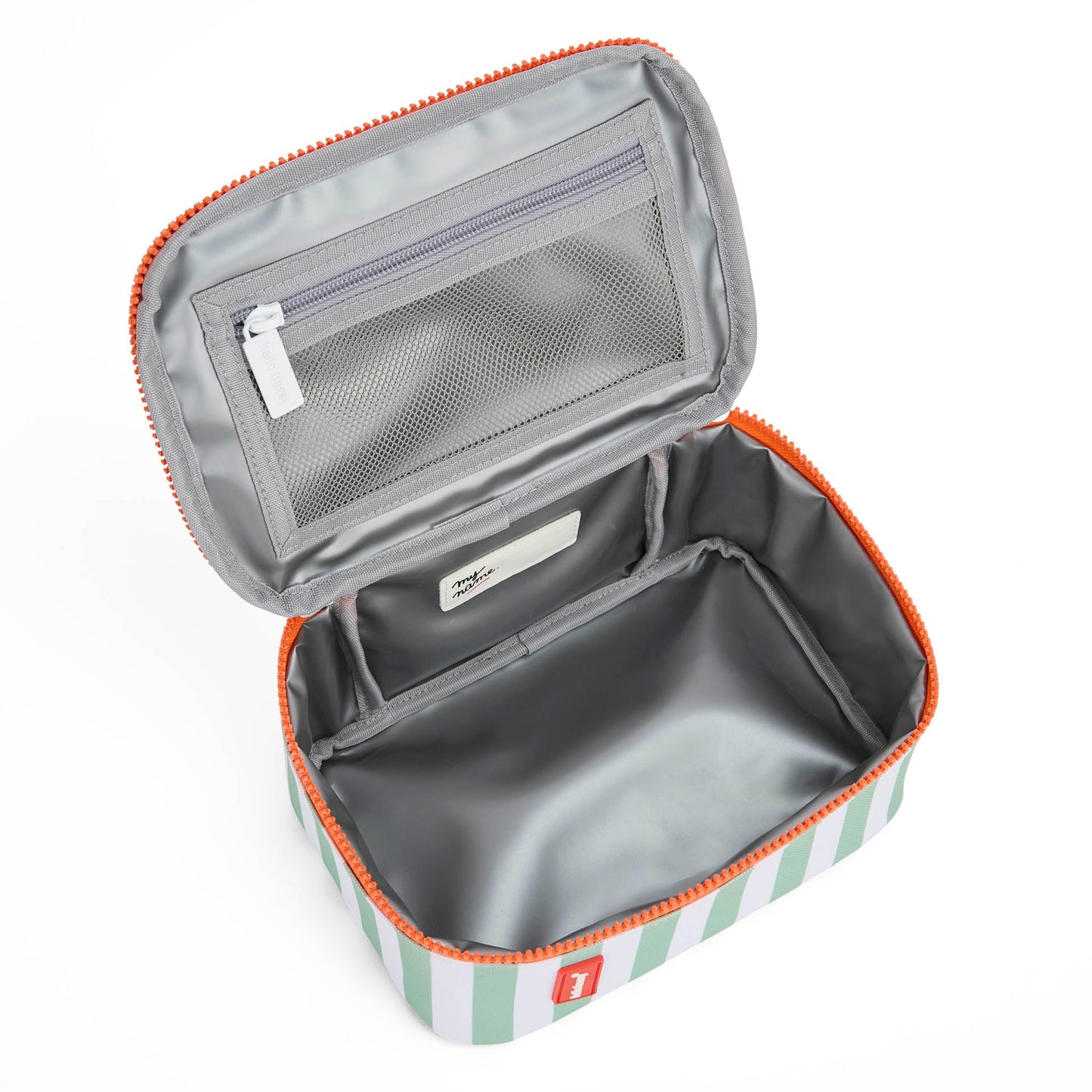 Top-down view of open green striped lunch bag interior layout