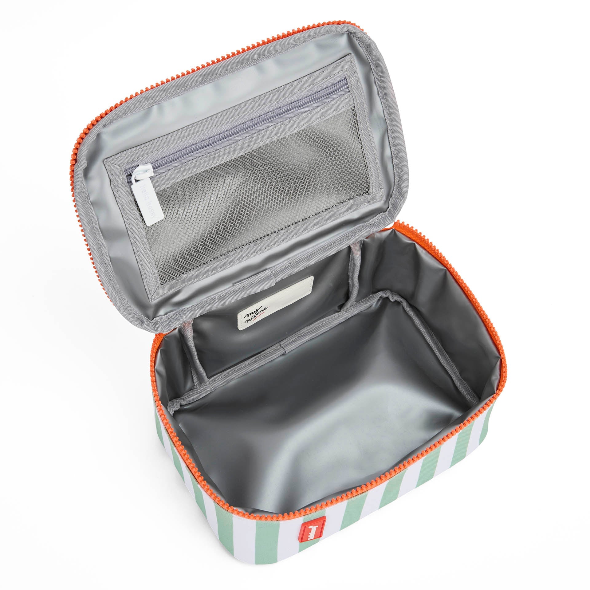 Top-down view of open green striped lunch bag interior layout