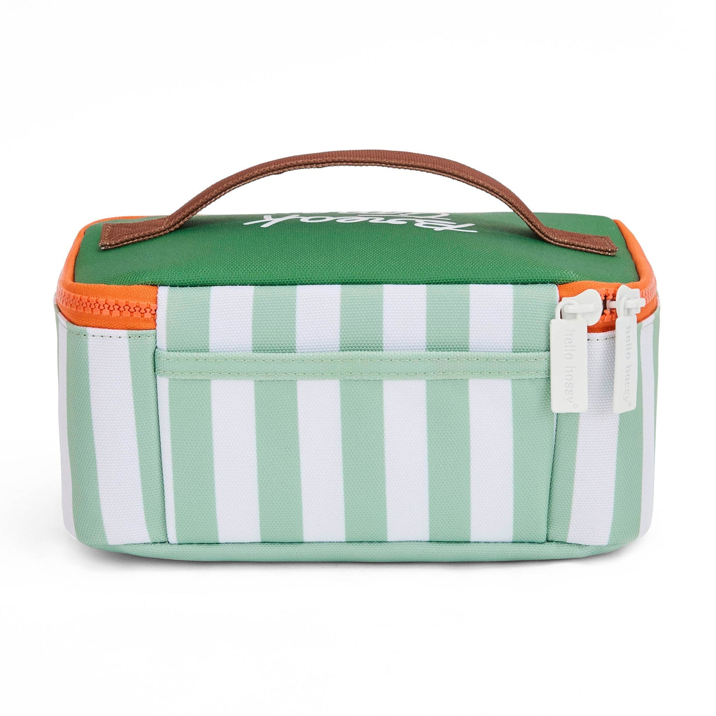 Back view of green striped insulated lunch bag with brand tags
