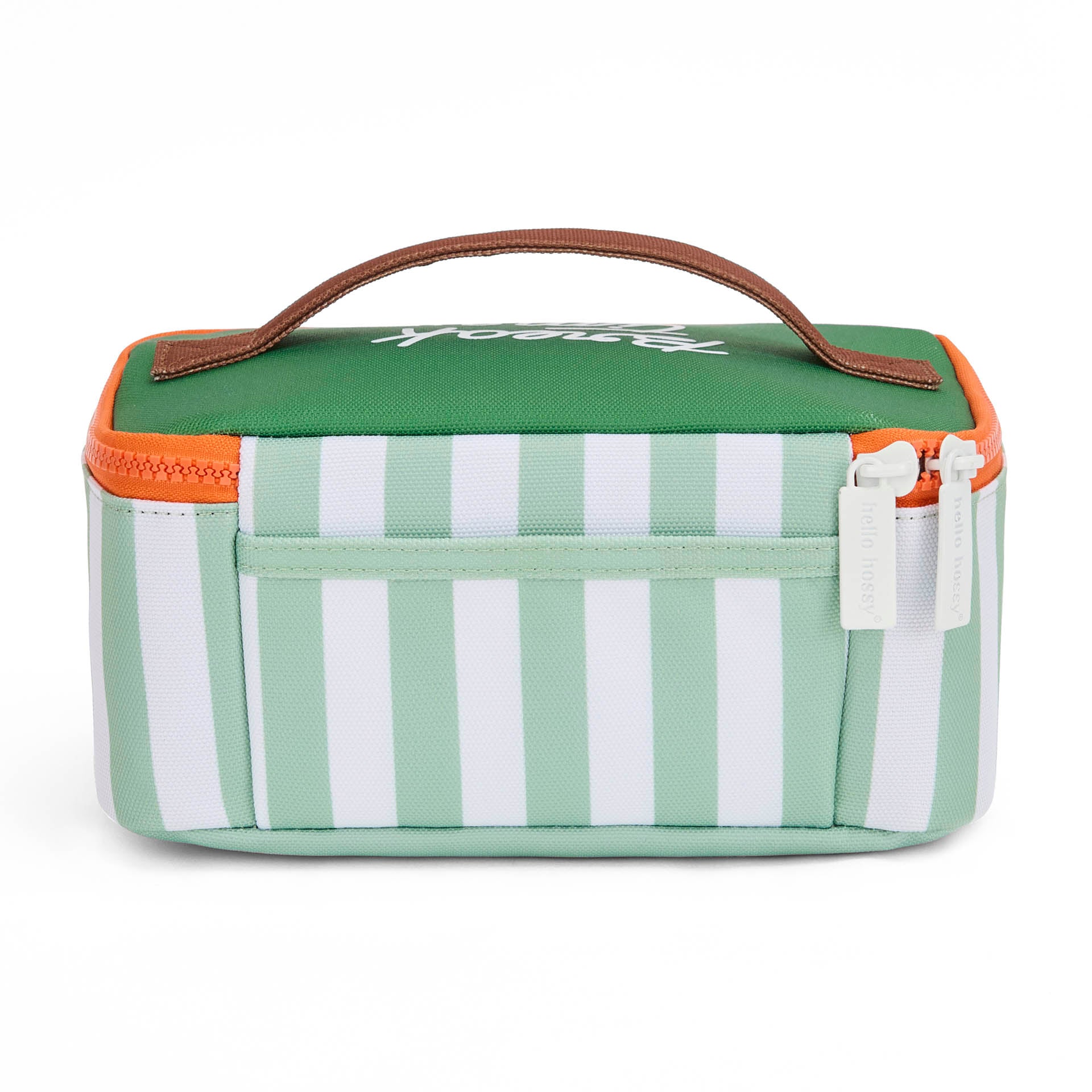 Back view of green striped insulated lunch bag with brand tags