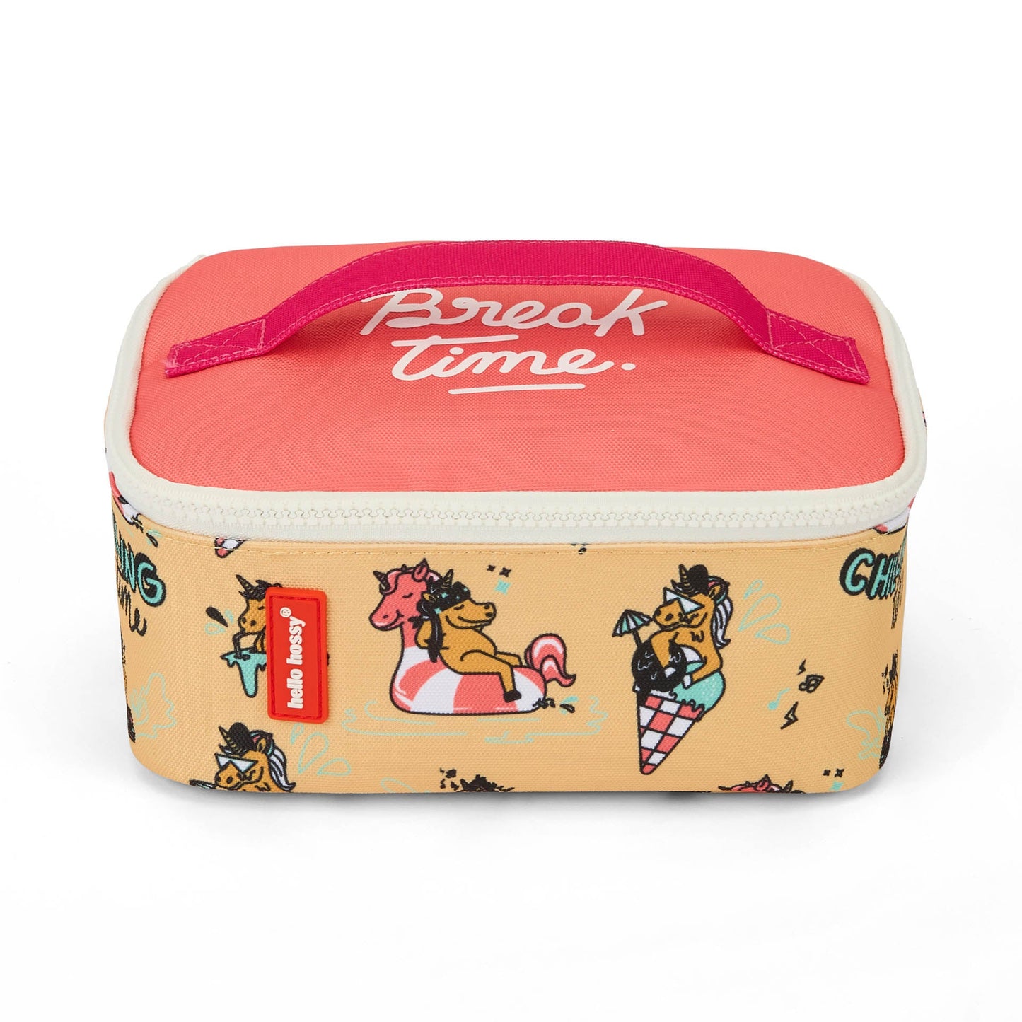 Front view closed Hello Hossy unicorn insulated lunch bag with tag