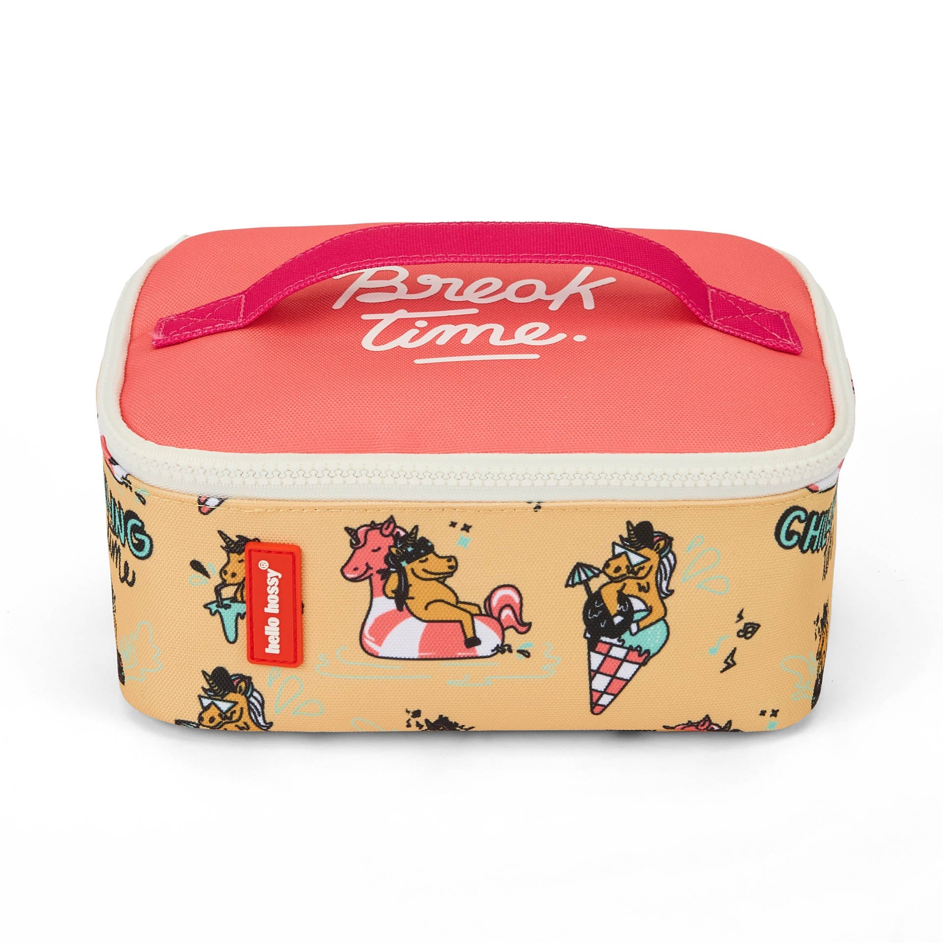 Front view closed Hello Hossy unicorn insulated lunch bag with tag