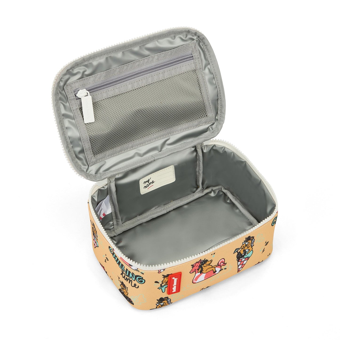 Open interior view of unicorn lunch bag showing gray lining and mesh pocket